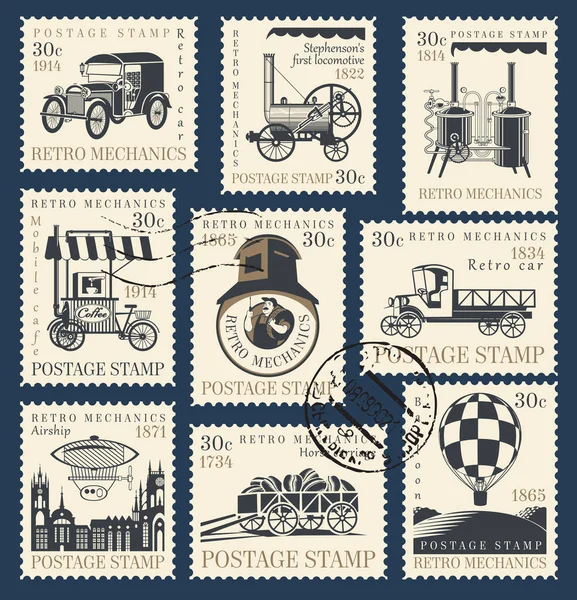 Conjunto de sellos postales sobre el tema de la mecánica retro — Archivo Imágenes Vectoriales