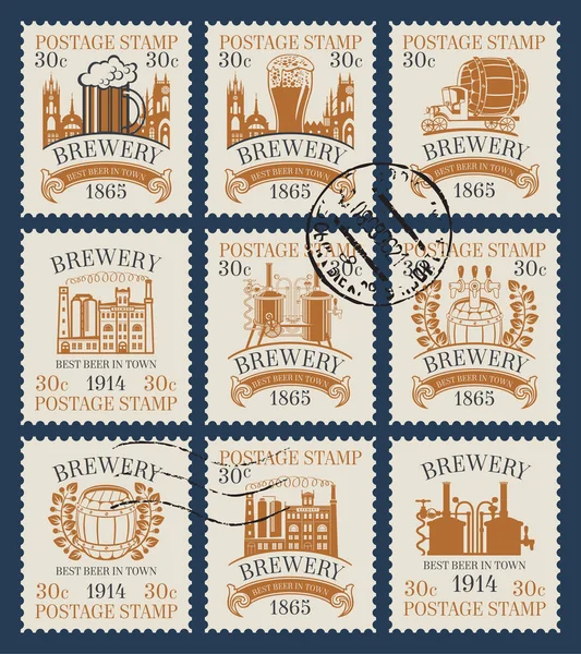 Bira ve bira fabrikası temalı posta pulları — Stok Vektör