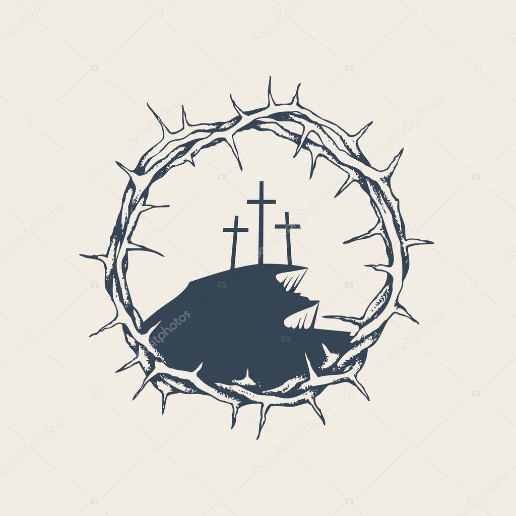 Mount Calvary with three crosses in crown of thorns