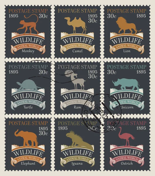 Postage stamps on the theme of animals and wildlife — Stock Vector