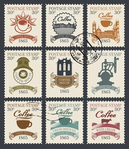 コーヒーをテーマにしたレトロな切手のセット — ストックベクタ