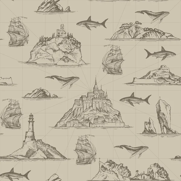 Bezszwowy wzór z ręcznie rysowanych wysp i ryb — Wektor stockowy