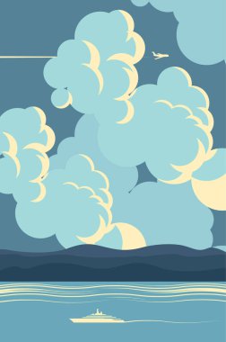 Vector seascape in blue colors in cartoon style