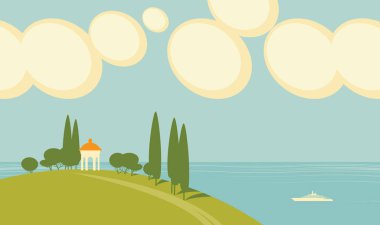 vector seascape with white gazebo on a hill