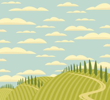 vector landscape with green hills, road and clouds