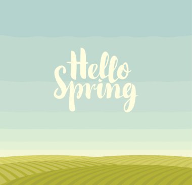 spring landscape with green fields and blue sky clipart