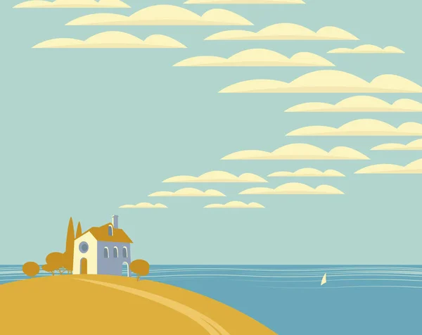 Vector seascape with a village house on a hill — 스톡 벡터