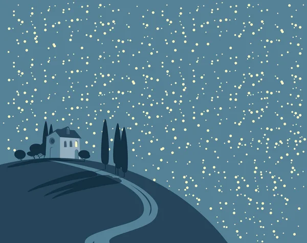 Vector landscape with a village on a hill at night — 스톡 벡터