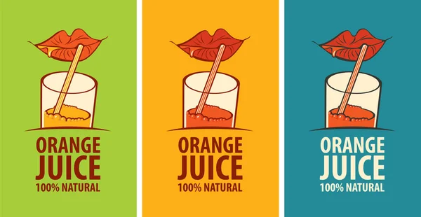 Ensemble de bannières pour jus d'orange avec lèvres et paille — Image vectorielle