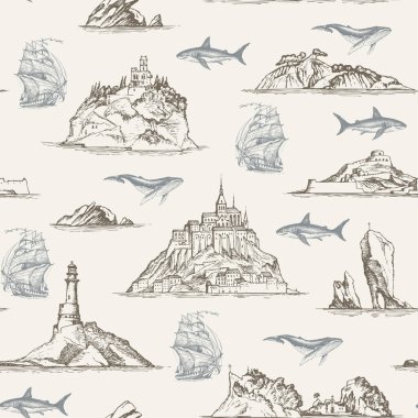 vector seamless pattern with hand-drawn islands