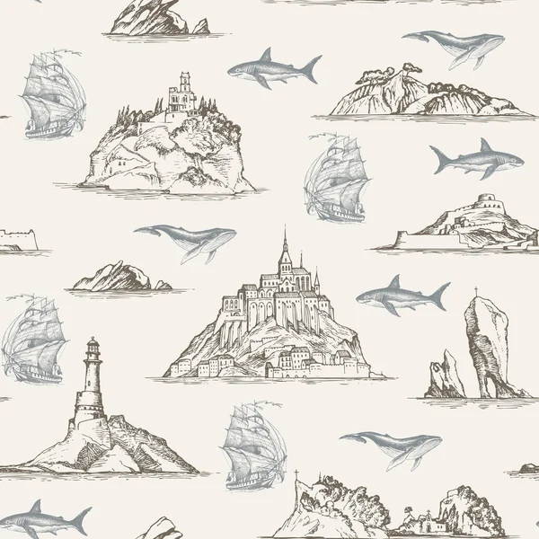 Motif sans couture vectoriel avec des îles dessinées à la main — Image vectorielle