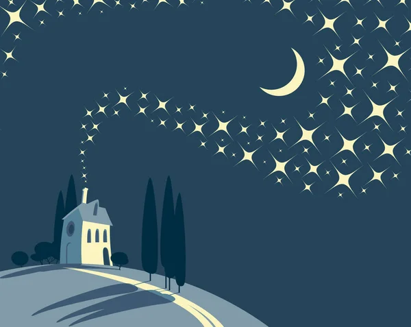 Kreskówkowy krajobraz z wioską na wzgórzu w nocy — Wektor stockowy