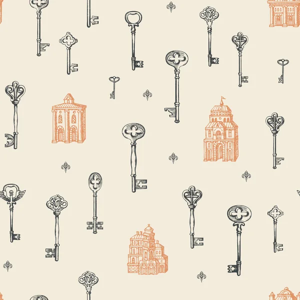 Motif sans couture avec bâtiments anciens et clés vintage — Image vectorielle