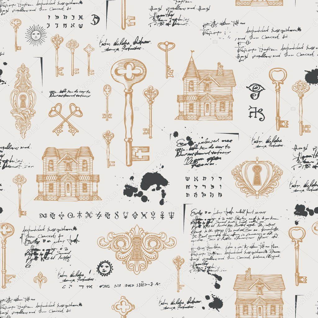 abstract seamless pattern with old houses and keys