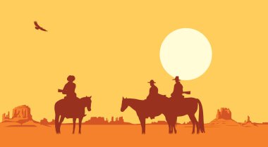 Silahlı kovboyların siluetleriyle batı manzarası