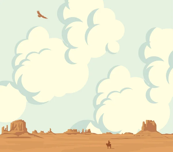 Векторний пейзаж з хмарним небом і самотнім ковбоєм — стоковий вектор