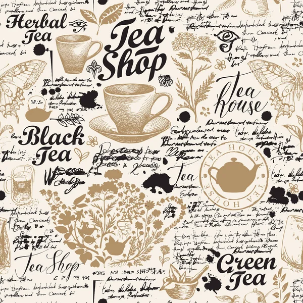 Vektor Nahtlose Muster Auf Dem Tee Thema Mit Skizzen Unleserlichen — Stockvektor