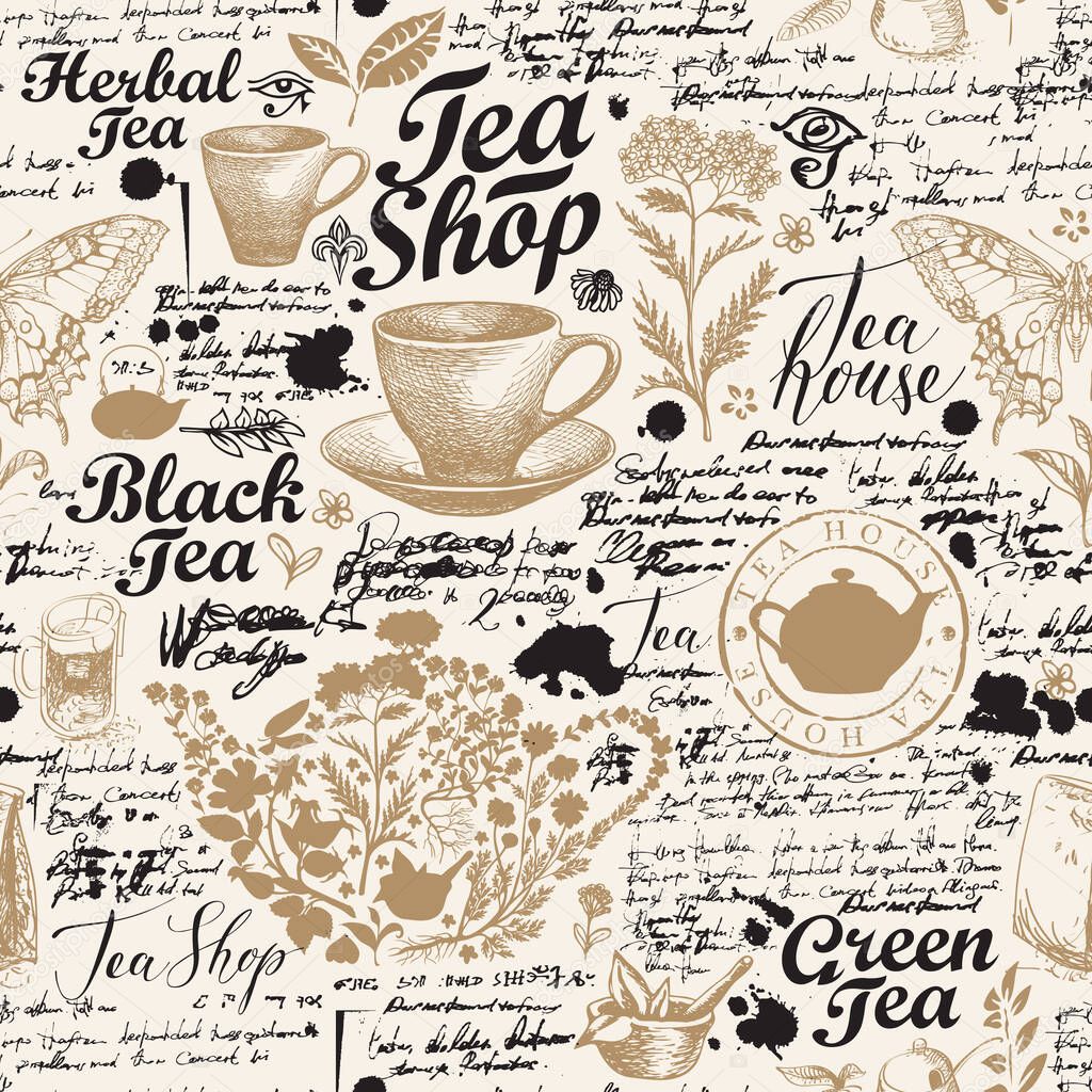 Vector seamless pattern on the tea theme with sketches, unreadable notes, inscriptions, blots. Abstract hand-drawn background in retro style. Suitable for Wallpaper, wrapping paper, background, fabric