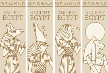 Mısır tanrıları Horus, Thoth, Anubis, Tanrıça Bastet 'in taşıyıcı bayrakları. Mısır hiyeroglifleri ve Antik Mısır yazıtları olan seyahat acentesinin afişleri ya da broşürleri..