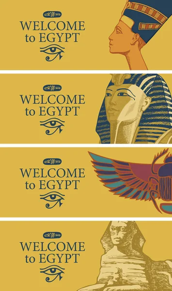 Conjunto Banners Viagem Vetoriais Com Nefertiti Tutankhamon Escaravelho Esfinge Folhetos — Vetor de Stock