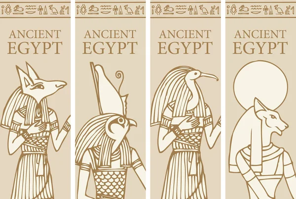 Vector Spandoeken Met Egyptische Goden Horus Thoth Anubis Godin Bastet — Stockvector