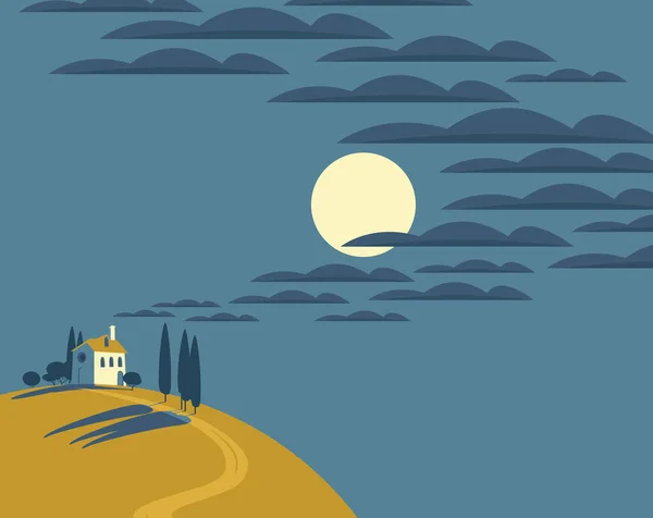 Paisaje Vectorial Nocturno Con Una Casa Pueblo Una Colina Cielo — Vector de stock