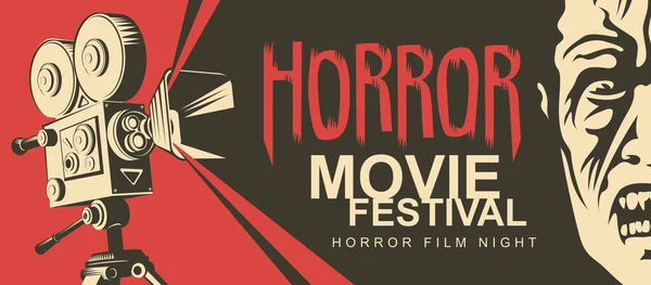 Plakat Wektorowy Festiwalu Horrorów Ilustracja Starym Projektorem Filmowym Twarzą Przerażającego — Wektor stockowy