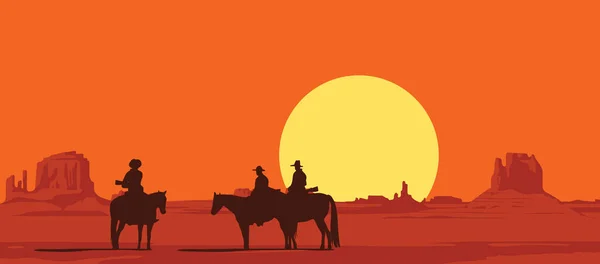 Paisaje Vectorial Con Praderas Silvestres Americanas Siluetas Vaqueros Armados Caballo — Vector de stock