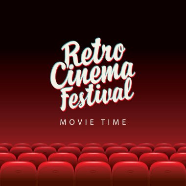 Kaligrafik yazıyla retro sinema festivali için vektör pankartı. Büyük ekranlı ve kırmızı koltuklu sinema salonu. Boş sinema salonu. Konser, tiyatro, dans, etkinlik, gösteri için poster tasarımı.