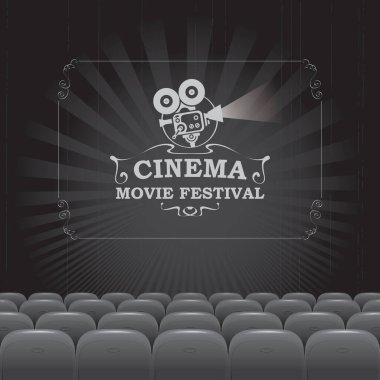Retro film projektörü ve yazıtlı bir film festivali için vektör posteri. Sinema salonlu siyah beyaz bir illüstrasyon. Boş sinema salonu. Reklam afişi, el ilanı, arka plan için uygun
