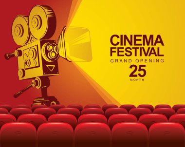Vector sinema festivali posteri ve eski moda film kamerası. Büyük ekranlı ve kırmızı koltuklu sinema salonu. Boş sinema salonu. Pankart, poster, web sayfası, arkaplan için kullanılabilir
