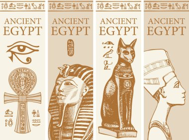Coptic Ankh Cross, Tutankamon, Tanrıça Bastet ve Nefertiti resimli vektör seyahat pankartları. Eski Mısır 'da Mısır sembolleri ve kelimelerle seyahat acentesinin posterleri veya broşürleri.