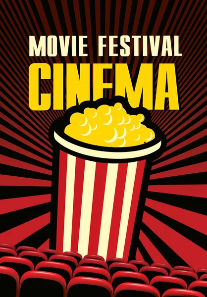 Vector Movie Festival Poster Popcorn Bucket Red Background Rays Cinema — Stock Vector