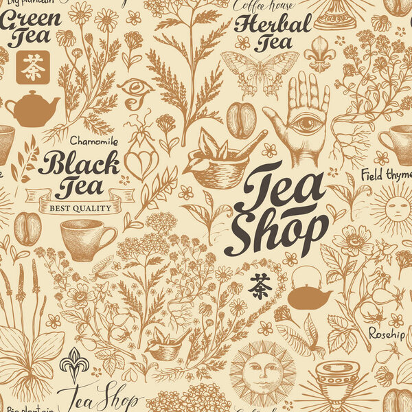 Vector seamless pattern on the theme of tea in retro style. Abstract background with hand-drawn medicinal herbs and inscriptions. Chinese character tea. Suitable for Wallpaper, wrapping paper, fabric.