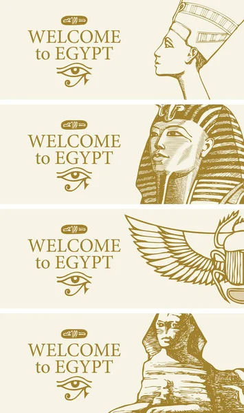 一套带有Nefertiti Tutankhamun Scarab和Sphinx手绘图像的矢量旅行横幅 吸引埃及游客的旅行社广告传单或招贴画欢迎到埃及来 — 图库矢量图片