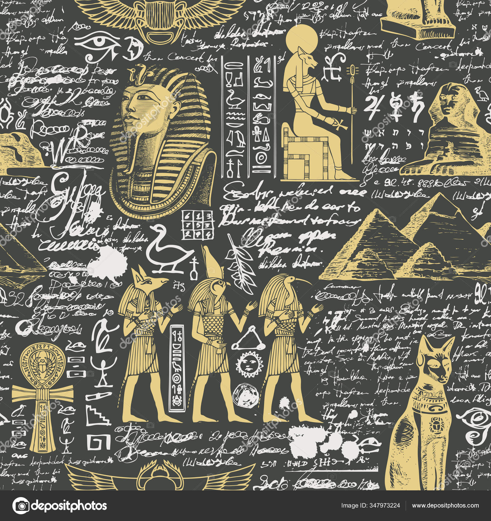Vector Seamless Pattern Ancient Egypt Theme Unreadable Notes Hieroglyphs  Sketches Stock Vector Image by ©paseven #347973224