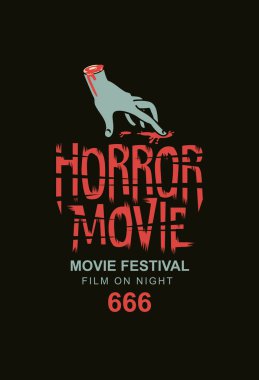 Siyah arka planda yürüyen kesik kollu bir korku filmi festivali afişi ya da posteri. Korku sineması. Biletler, el ilanları, posterler, web tasarımı için uygun. Korku filmi gecesi.