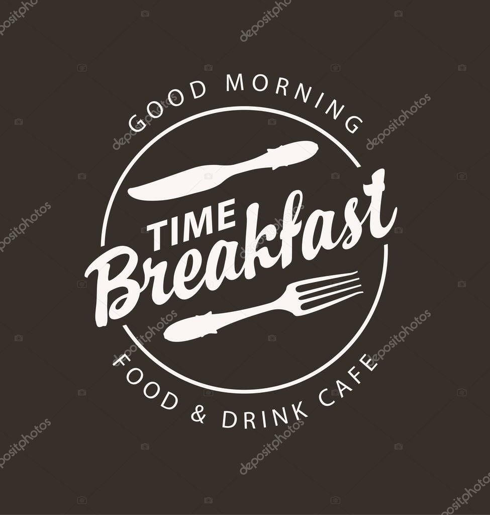 Vector banner or emblem on the theme of Breakfast time. Black and white illustration with fork, knife and inscriptions in retro style. Morning menu for food and drink cafe
