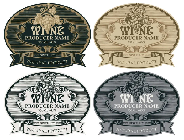 Vector Set Wine Labels Bunch Grapes Ribbon Oval Frame Vintage — Stock Vector