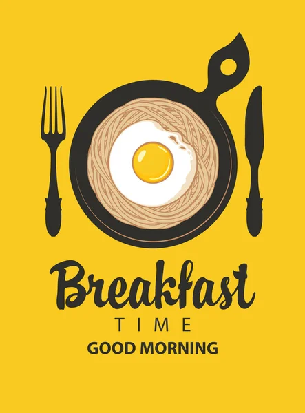 Vector Banner Inscription Breakfast Time Flat Illustration Appetizing Pasta Fried — Stock Vector