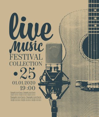 Canlı müzik festivali ya da gitar, mikrofon ve retro tarzı metinler için yer içeren konser afişi.