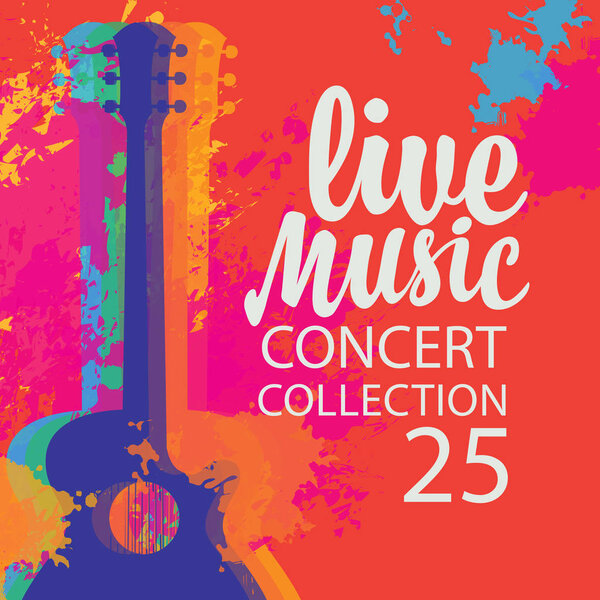Vector poster with multicolor acoustic guitar, the inscription Live music and place for text on the background of bright abstract spots. Suitable for flyer, playbill, banner, invitation, advertisement