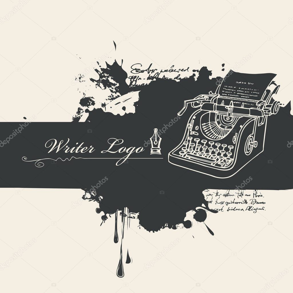 Vector banner with abstract spots and calligraphic inscription Writer logo. Black and white artistic illustration with fountain pen, blots and stains in retro style