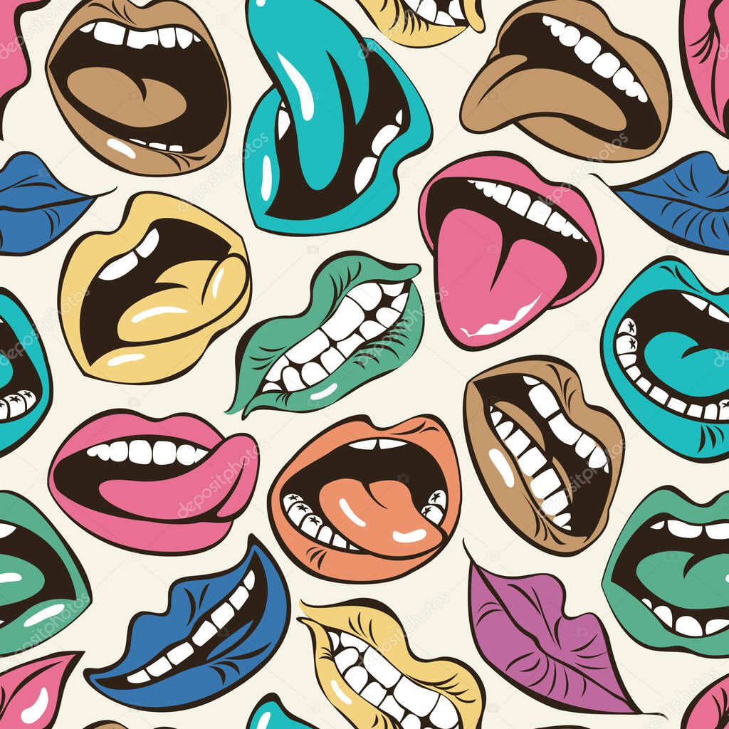 Vector seamless pattern with colored lips with different emotions. Woman mouth with a kiss, smile, tongue and teeth on light background. Cartoon lips collection. Wallpaper, wrapping paper, fabric