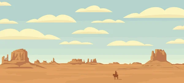 Krajobraz Wektora Samotnym Jeźdźcem Pustyni Amerykańskie Prerie Sylwetka Kowboja Koniu — Wektor stockowy