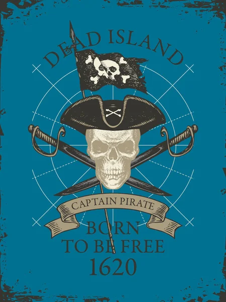 Vector Banner Pirate Κρανίο Οπλισμένο Καπέλο Σταυρωμένα Σπαθιά Πειρατική Σημαία — Διανυσματικό Αρχείο