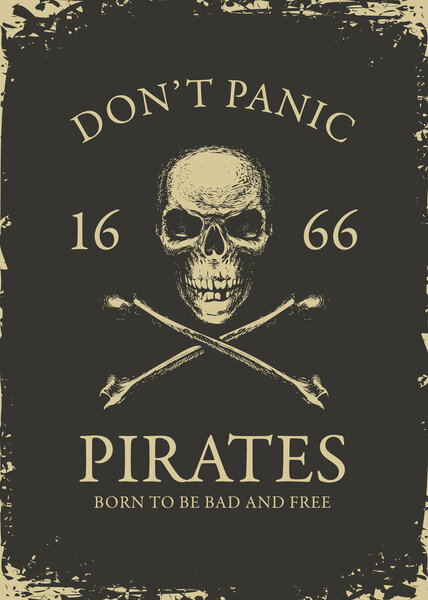 Ручная иллюстрация с пиратским черепом, крестообразными костями и надписями на черном фоне в винтажном стиле. Векторное знамя на тему пиратских путешествий, приключений и открытий. Роджер, Джолли
