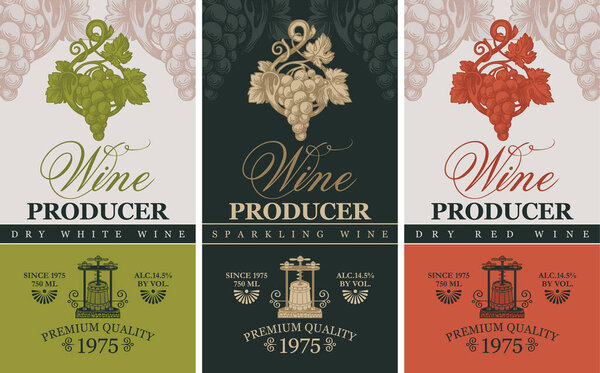 Vector set of three labels for wine with hand-drawn bunches of grape, wine press and calligraphic inscription in retro style. Collection of labels for different types of wines