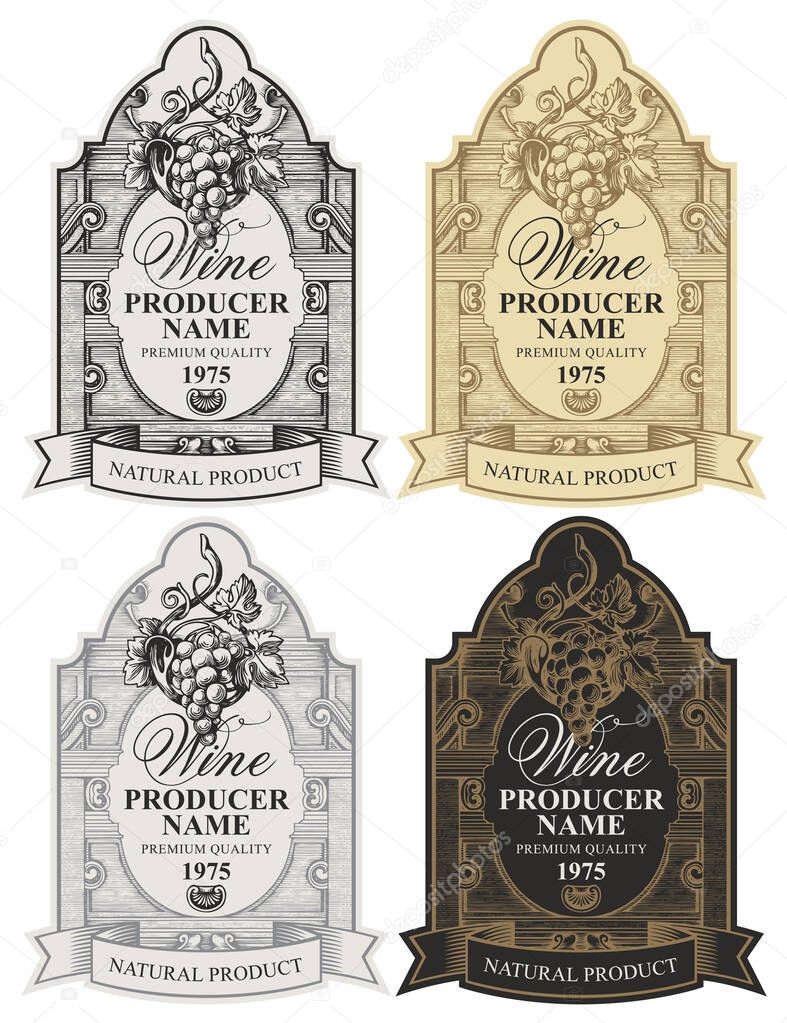 Vector set of elegant wine labels with a bunch of grapes and inscriptions in a figured frame with a ribbon in the Baroque style. Collection of ornate hand-drawn labels in various colors