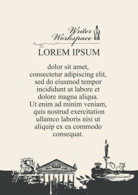 Vintage tarzında bir yazar teması için vektör pankartı veya arkaplan. Yazar çalışma alanı, çizimler ve metin için yer. Mum, mürekkep hokkası, tüy, mimari cephe ile sanatsal illüstrasyon